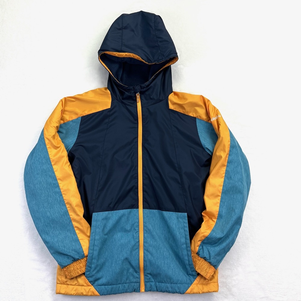 Columbia Kids L 14/16 Fleece Lined‎ Hooded Jacket Colorblock Navy Orange WB0041